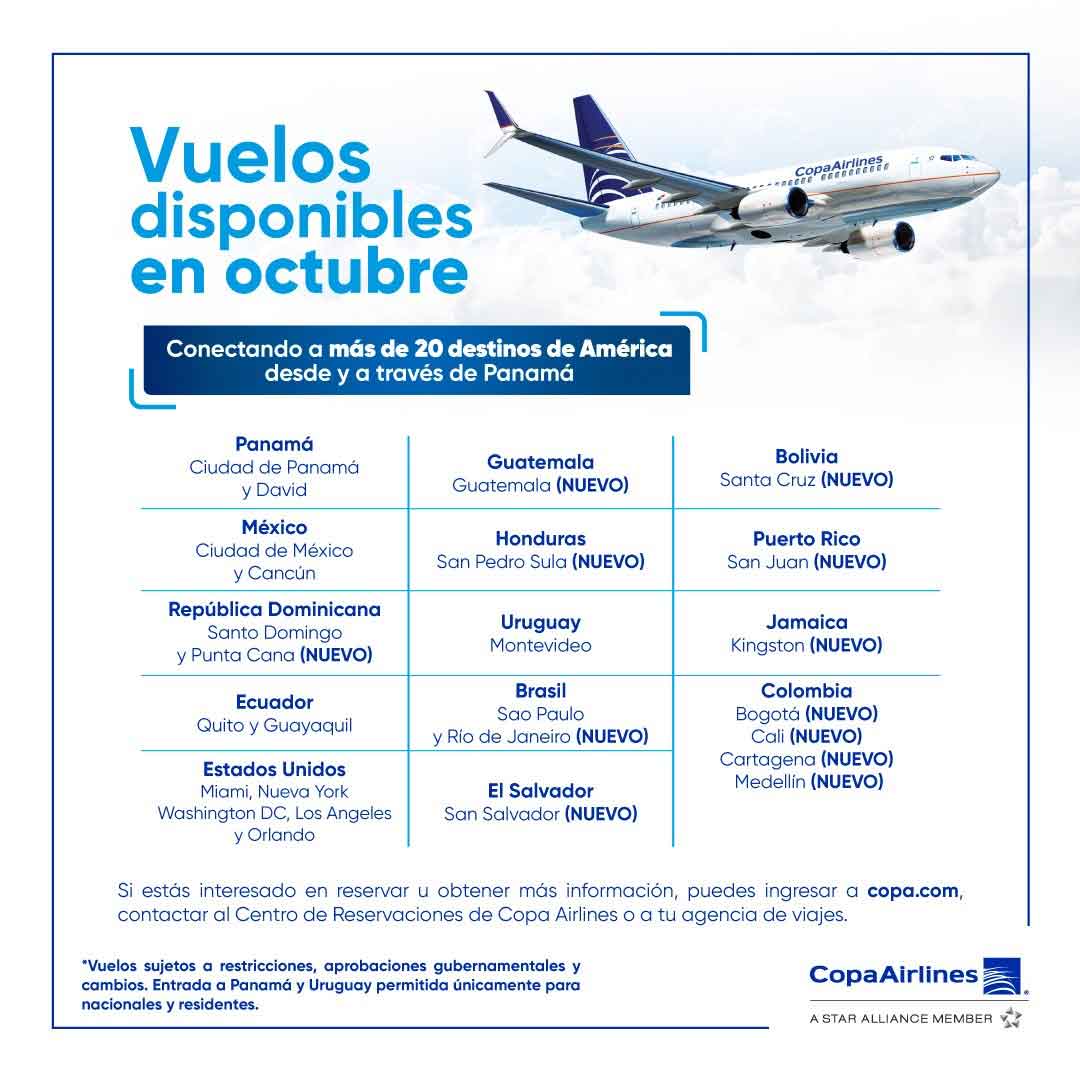 Copa Airlines llegará a más de 20 destinos en octubre